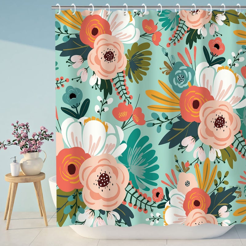LIVILAN Floral Shower Curtain, Colorful Flowers Fabric Bathroom Curtain Set with Hooks Blossom Bathroom Decor (Green, 72WX72H Inches) - Image 1